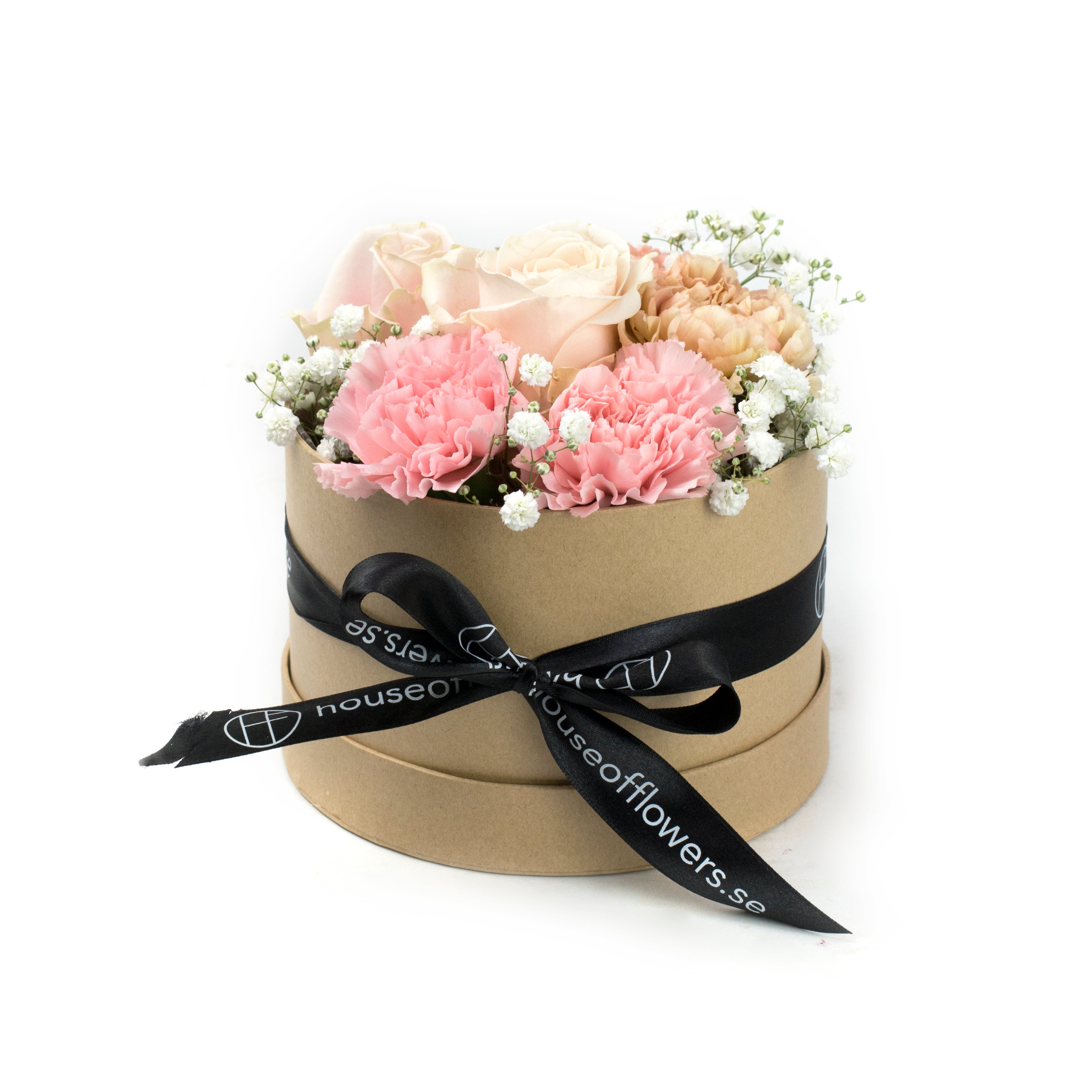 Rosa blombox med blommor bukett presentförpackning